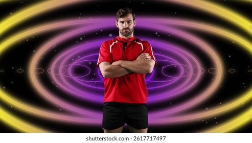 Image of caucasian male american football player with arms crossed over shapes. global sport and digital interface concept digitally generated image.