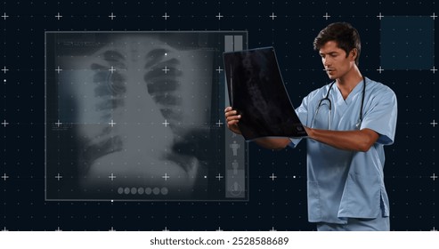 Image of caucasian male doctor with x ray photo and x ray photo on black background. Health, medicine, finance and technology concept digitally generated image. - Powered by Shutterstock