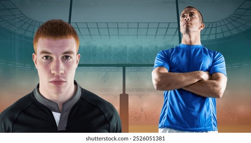 Image of caucasian male rugby players over stadium. global sport and rugby concept digitally generated image. - Powered by Shutterstock