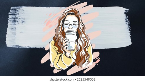 Image of caucasian woman drinking takeaway coffee over white paint brushstroke on black. Leisure, refreshment, retail, connection and communication, digitally generated image. - Powered by Shutterstock