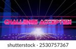 Image of challenge accepted text banner over light trails against 3d city model. image game interface technology concept