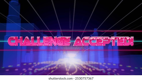 Image of challenge accepted text banner over light trails against 3d city model. image game interface technology concept