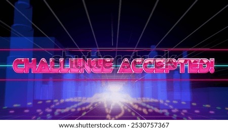 Image of challenge accepted text banner over light trails against 3d city model. image game interface technology concept