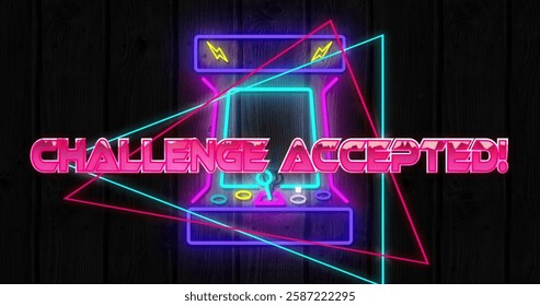 Image of challenge accepted text over colourful neon arcade. Social media, technology and digital interface concept digitally generated image.