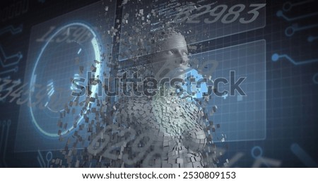 Image of changing numbers and human body model over interface with data processing. Computer interface and medical research technology concept