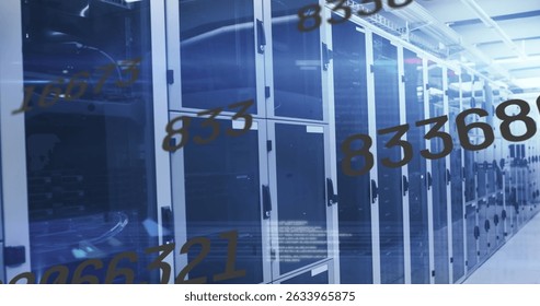 Image of changing numbers over server room. Network, computers and technology concept digitally generated image.