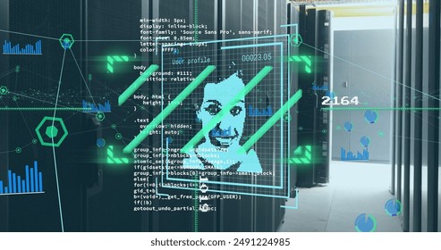 Image of changing profile icons and statistical data processing against computer server room. Global networking and business data storage technology concept