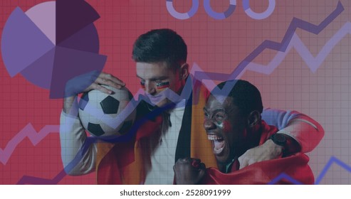 Image of charts on interface over cheering diverse male football fans with scarf, ball and flag. Support, emotion, digital interface, competition and sport digitally generated image. - Powered by Shutterstock