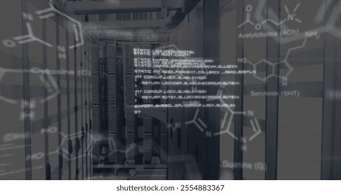 Image of chemical formula and data processing over server room. Global technology, computing and digital interface concept digitally generated image. - Powered by Shutterstock