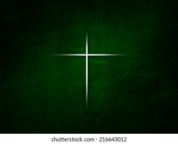 Image Of Christian Cross On Dark Green Background.