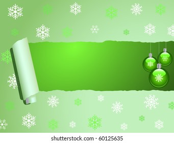 Image Of A Christmas Ornament Scene Behind Torn Wrapping Paper.