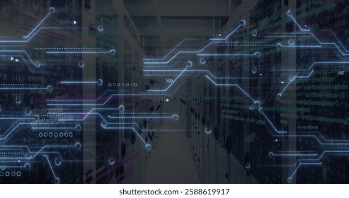 Image of circuit board and digital data processing over computer servers. Global connections, computing and data processing concept digitally generated image.