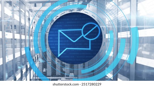 Image of circular scanner processing blocked mail message data over network server room. Data, security, digital interface, connection, processing and communication, digitally generated image. - Powered by Shutterstock