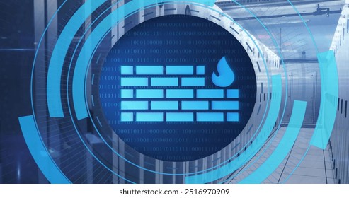 Image of circular scanner processing firewall data over server room. Data, security, digital interface, connection, processing and communication, digitally generated image.