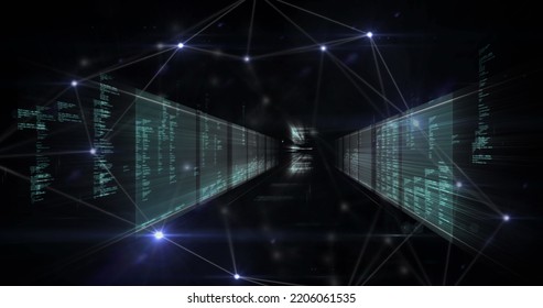 Image of clock and network of connections over dark background. Global connections and data processing concept digital generated image.