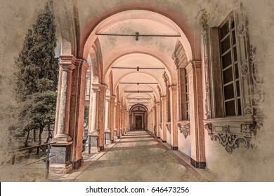 Image of the cloister arches inside a monastery. Architectural background.