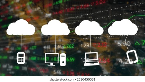 Image of clouds with icons over data processing and cityscape. Global technology, computing and digital interface concept digitally generated image.