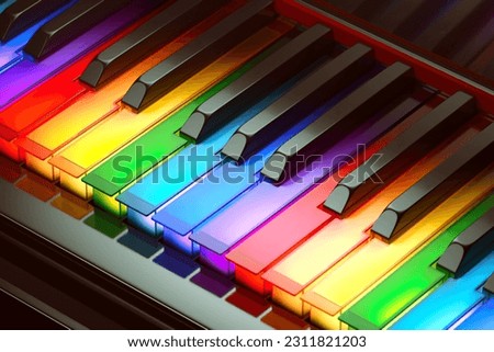 Image of the colorful piano keyboard. Cheerful multi color piano keys. 3D Illustration Foto d'archivio © 