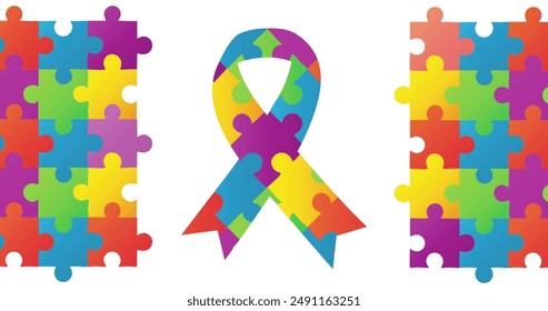 Image of colourful puzzle pieces autism awareness month ribbon. autism, learning difficulties, support and awareness concept digitally generated image - Powered by Shutterstock