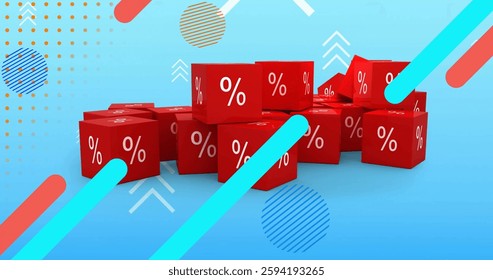 Image of colourful shapes over cubes with percentage symbol on blue background. Sales, shopping and retail concept digitally generated image.