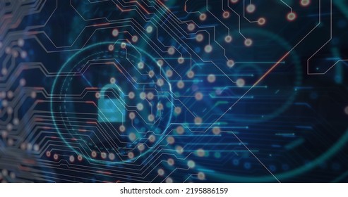 Image of computer circuit board over scope scanning and padlock icon on black background. Global technology, computing and digital interface concept digitally generated image.