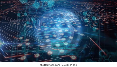 Image of computer circuit board over data processing with scope scanning on black background. Global technology, computing and digital interface concept digitally generated image.