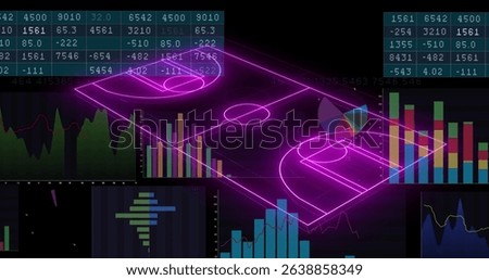 Image of computer graphic 3d neon soccer field over data, graphs, charts on digital interface. Digital composite, creativity, sports, playground, soccer, art culture and entertainment, development