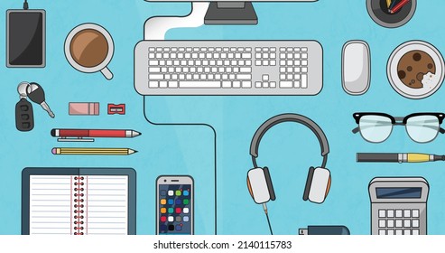 Image Of Computer And Office Items Over Blue Spinning Stripes. Business, Office And Tidy Work Space Concept Digitally Generated Image.