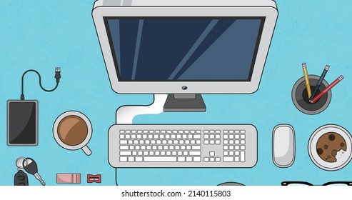 Image Of Computer And Office Items Over Blue Spinning Stripes. Business, Office And Tidy Work Space Concept Digitally Generated Image.