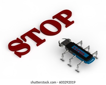 image computer virus in the form of a stick, like a cockroach, spider and ant with iron paws, and text stop, on a white background. 3D rendering