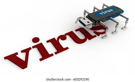 image computer virus in the form of a stick, like a cockroach, spider and ant with iron paws, and text, virus, white background. 3D rendering - Powered by Shutterstock