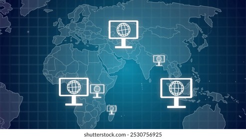 Image of computers with globe icons, world map and data processing. Global networks, digital interface, data processing and connections concept digitally generated image. - Powered by Shutterstock