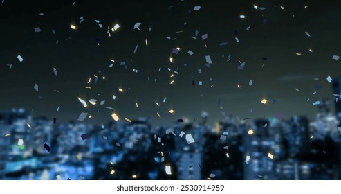 Image of confetti and cityscape on black background. New year, new year eve, celebration and tradition concept digitally generated image. - Powered by Shutterstock