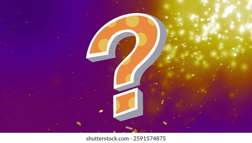 Image of confetti and light spots over question mark on purple background. Symbols, icons and background concept digitally generated image.