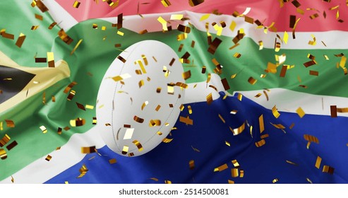 Image of confetti over white rugby ball and flag of south africa. Rugby, sports, competition and celebration concept digitally generated image. - Powered by Shutterstock