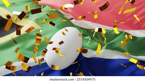 Image of confetti over white rugby ball and flag of south africa. Rugby, sports, competition and celebration concept digitally generated image. - Powered by Shutterstock