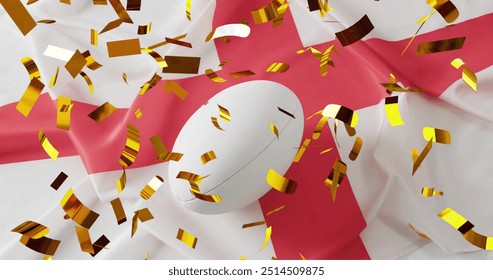 Image of confetti over white rugby ball over flag of england. Rugby, sports, competition and celebration concept digitally generated image. - Powered by Shutterstock