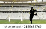 Image of confetti and try text over rugby player with ball at stadium. sport and social media concept digitally generated image.