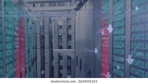 Image of connections and data over servers. Network, connections, communication, data processing and technology concept digitally generated image.