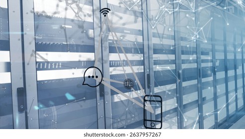Image of connections and smartphone icons over servers. Global network, connections, communication and technology concept digitally generated image.