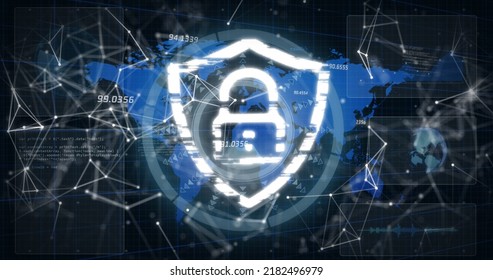 Image Of Connections, Word Map And Digital Shield With Padlock On Black Background. Global Internet Security, Connections And Data Processing Concept Digitally Generated Image.