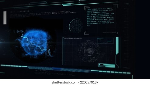 Image Of Covid 19 Cell And Medical Data Processing On Screens. Global Covid 19 Pandemic, Medicine, Research, Technology, Data Processing And Digital Interface Concept Digitally Generated Image.