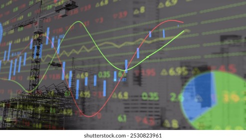 Image of crane at construction site, financial data processing and statistics. global development, business, digital interface and data processing concept digitally generated image. - Powered by Shutterstock