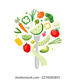 Image of a cucumber slice on a fork with a centimeter tape and vegetables around. Vegetable illustration for the concept of healthy eating, vegan, fresh vegetables, etc.