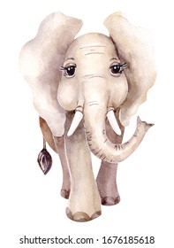 Image of a cute elephant. Baby elephant. The picturesque watercolor illustrations. Bright colorful picture. A hand- drawn image.
