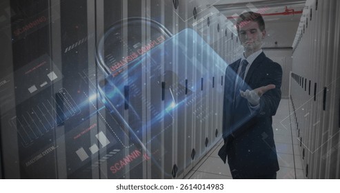 Image of cyber attack warning and padlock over caucasian man in server room. global internet security, connections and data processing concept digitally generated image.