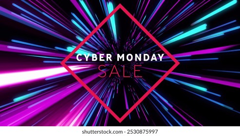 Image of cyber monday sale over pink and blue neon light trails. Global cyber sales, connections, computing and data processing concept digitally generated image. - Powered by Shutterstock