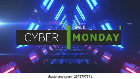 Image of cyber monday text over neon pattern background. Global online shopping, digital interface, communication, computing and data processing concept digitally generated image.