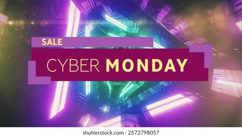 Image of cyber monday text over neon pattern background. Global online shopping, digital interface, communication, computing and data processing concept digitally generated image.