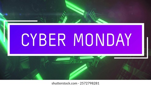 Image of cyber monday text over neon pattern background. Global online shopping, digital interface, communication, computing and data processing concept digitally generated image.